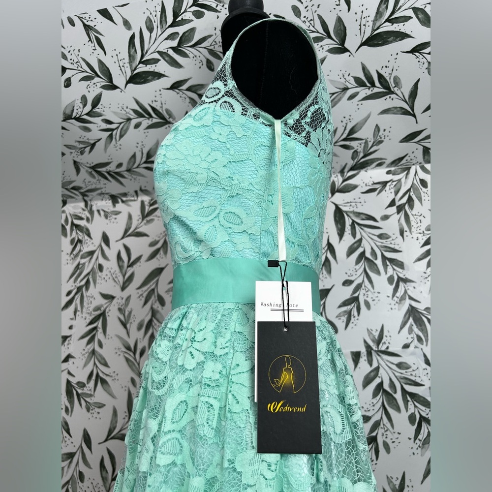Elegant Lace Mint Green Prom Bridesmaid Cocktail Dress Sz XS Satin Waistband #D - Picture 10 of 16